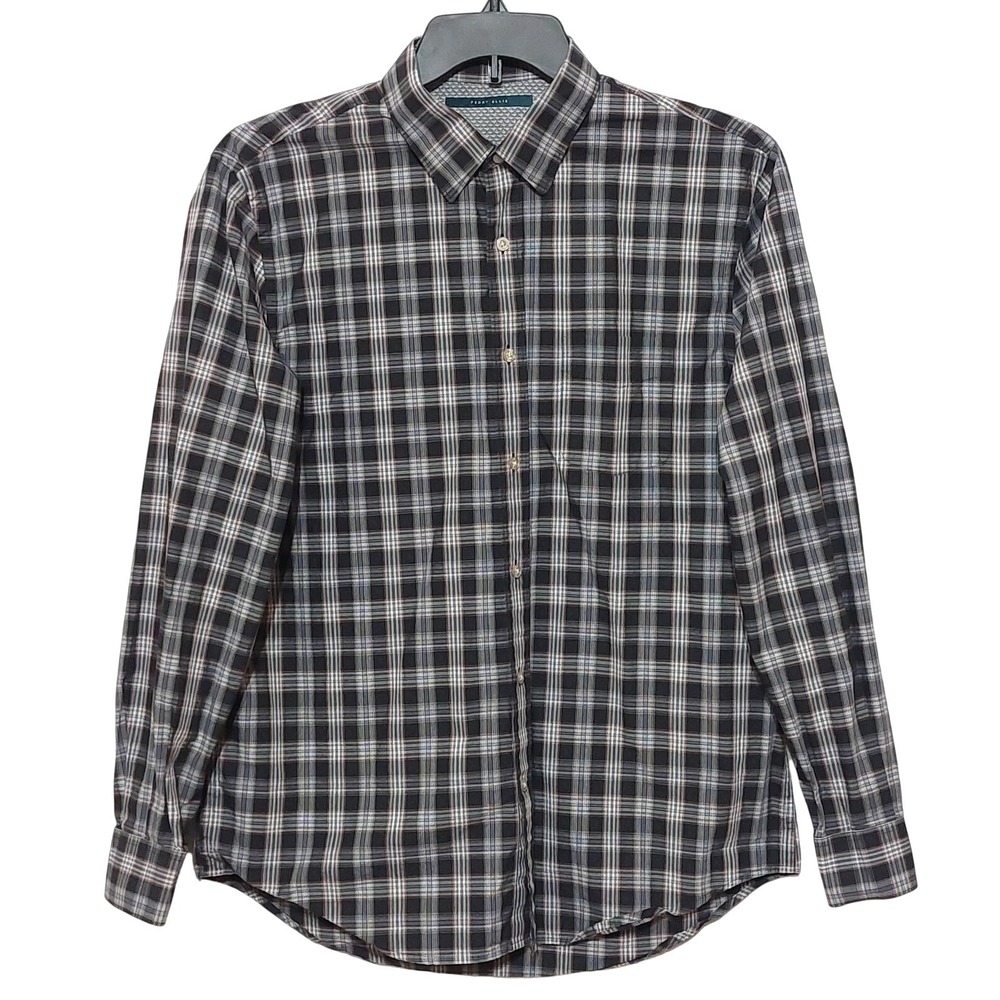 Perry Ellis Mens Large Plaid Button Up Shirt Long Sleeve Black White Red Cotton